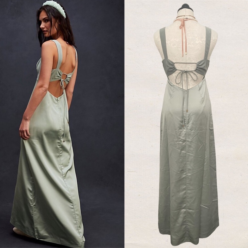 Free People Gia Maxi Dress Mermaids Satin Backless Sage Green A-Line Small 4 - Picture 4 of 9